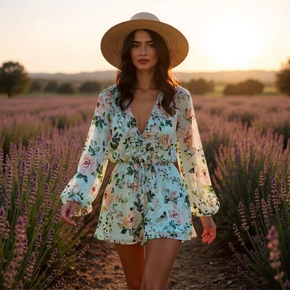 Yumi Kim Maya Romper XS Sunday Rose Aqua Floral Long Sleeve NWT Silk Chiffon